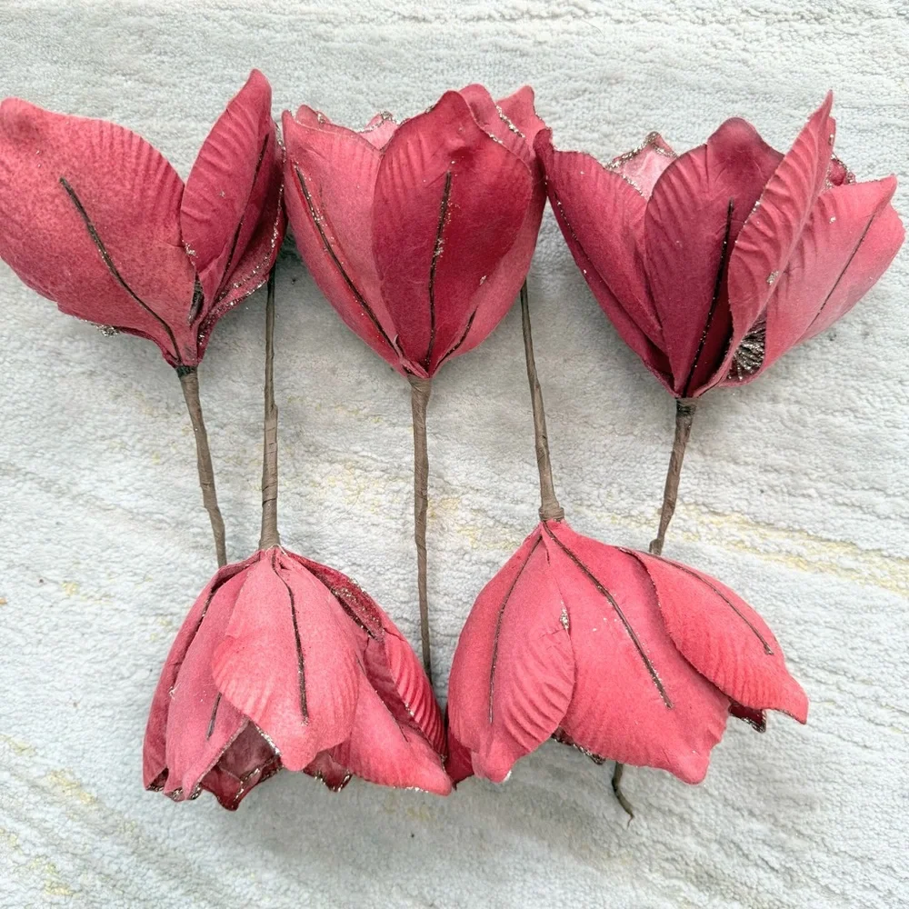 Velvet Pink Poinsettia Picks Gold Trim Holiday Decor Set of 5